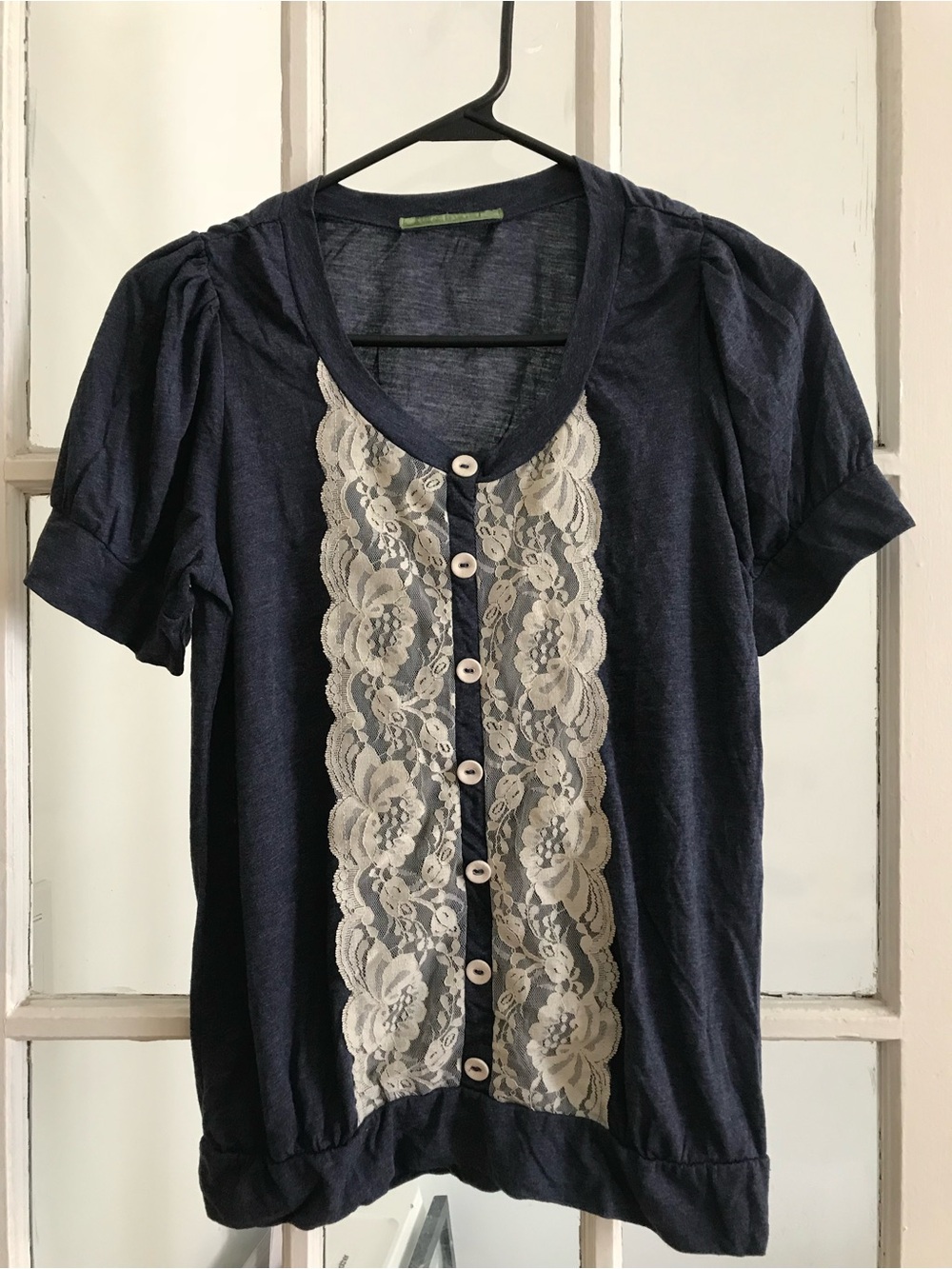 ANTHROPOLOGIE Velvet Brand Navy Top with Cream Lace Panel